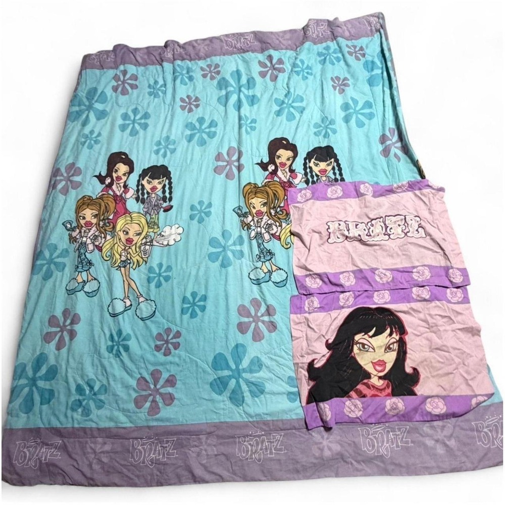 Y2K Bratz Full Comforter & Standard Pillowcase Set Blue Purple MGA Bedding EUC